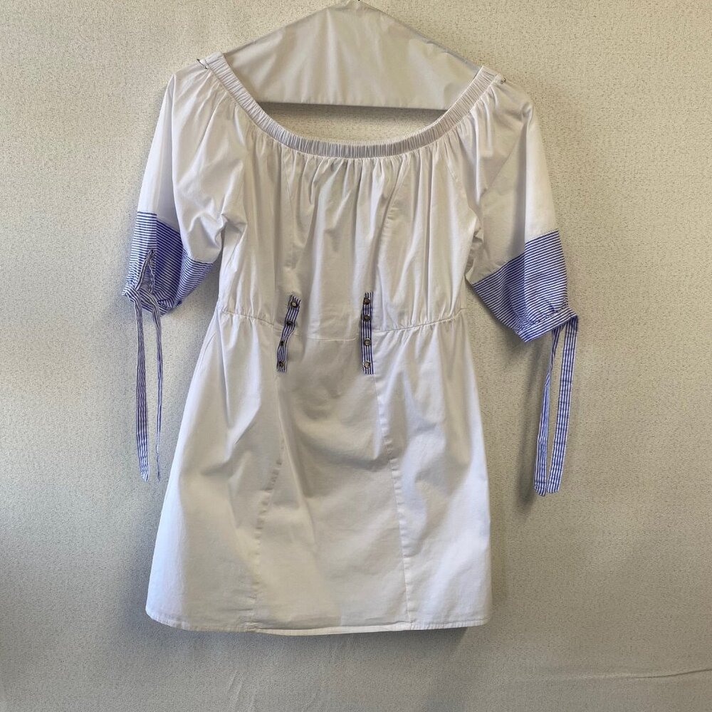Love by Chesley Size M: White Cotton Dress Blue Stripped Sleeves w/ Ties
